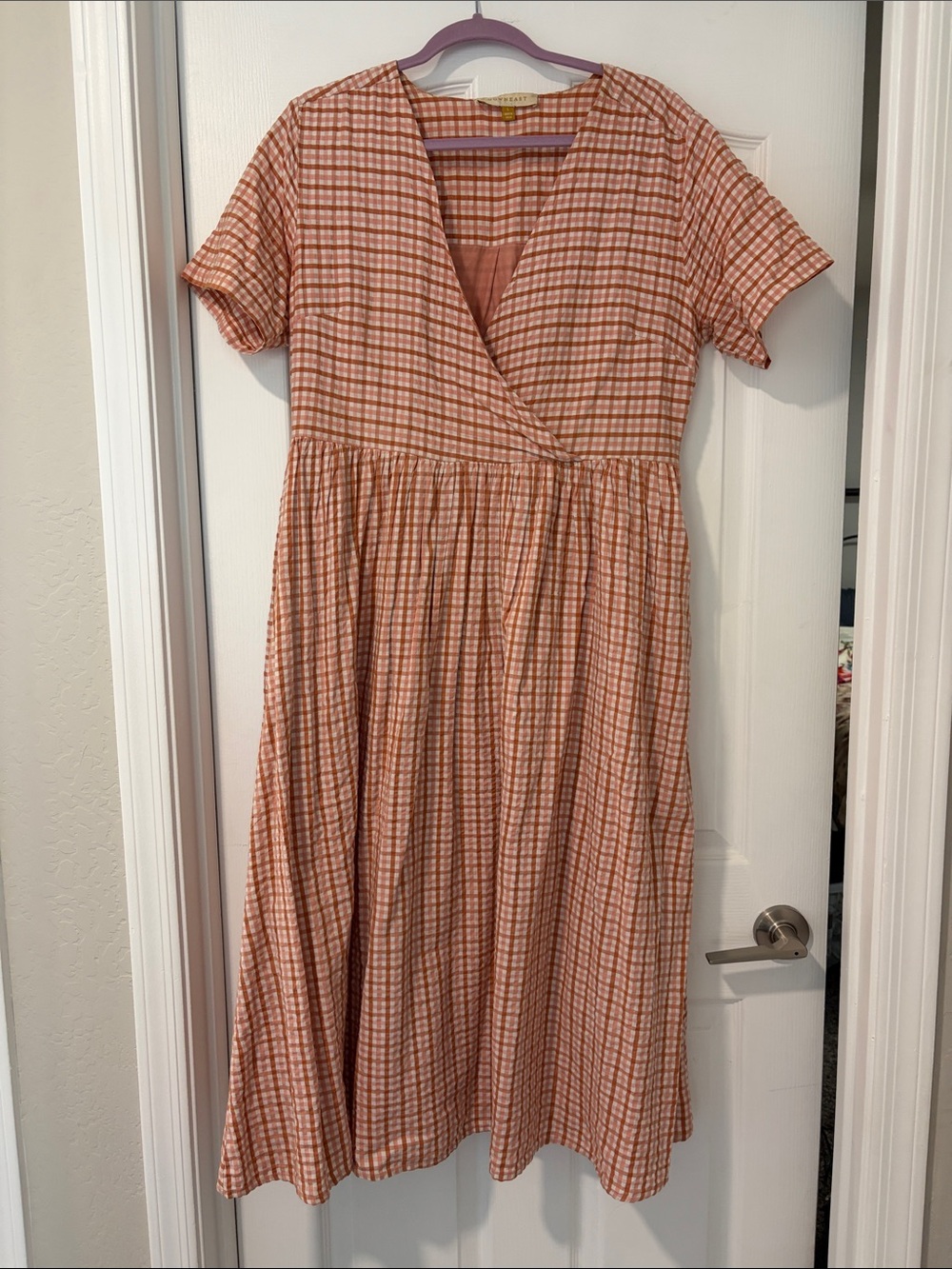 DownEast Peach Plaid Wrap-Style Midi Dress